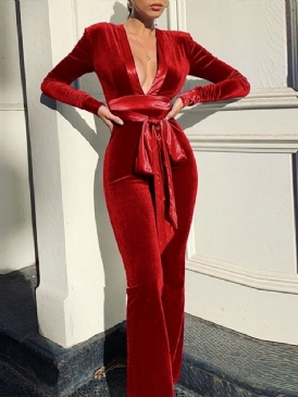 Snöra Full Längd Mode Slimmad Jumpsuit Med Hög Midja