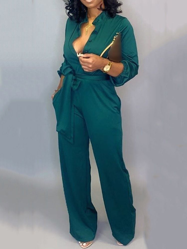 Snörning Söt Full Längd Slim Mid Waist Jumpsuit För Kvinnor