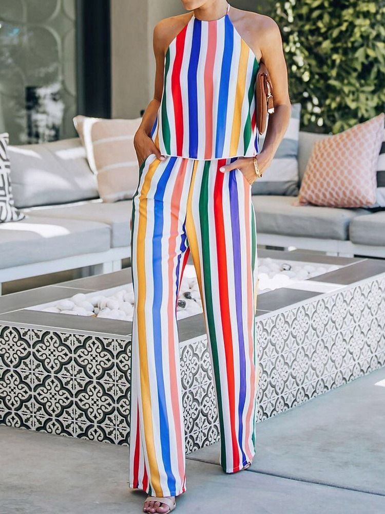 Stripe Ladylike Dam Jumpsuit I Full Längd Med Rak Midja