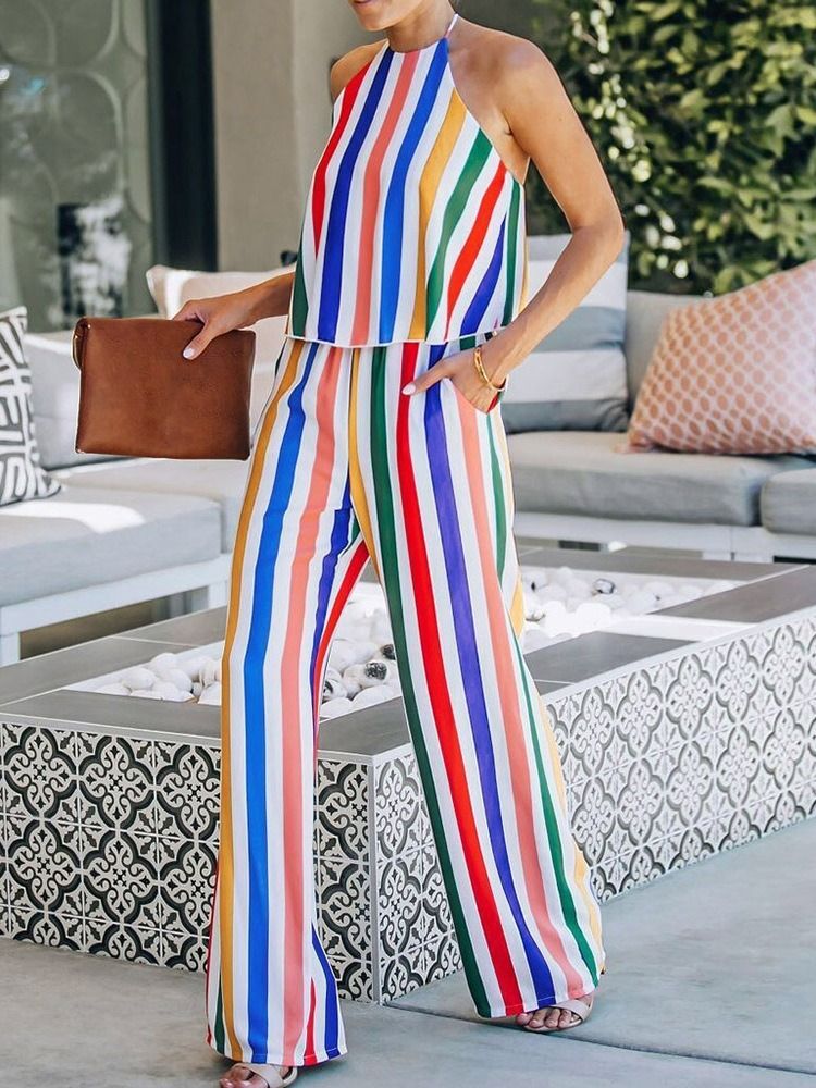 Stripe Ladylike Dam Jumpsuit I Full Längd Med Rak Midja