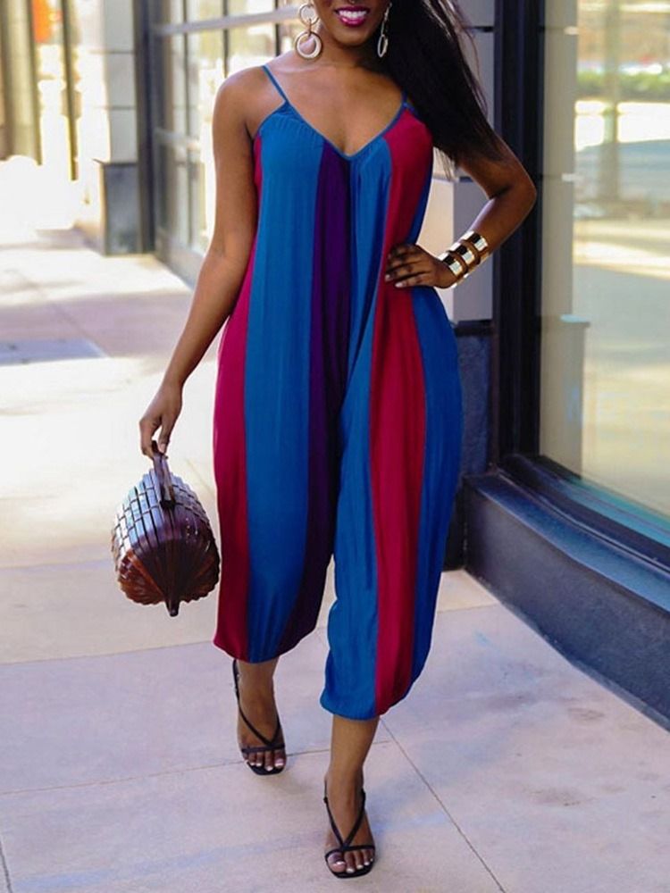 Stripe Patchwork Ankellängd Lös Hög Midja Jumpsuit För Kvinnor