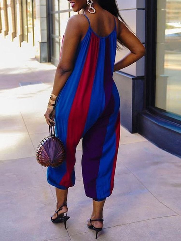 Stripe Patchwork Ankellängd Lös Hög Midja Jumpsuit För Kvinnor