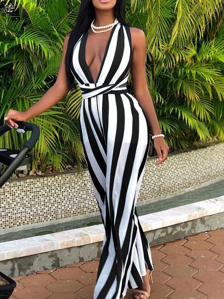 Stripe Sexig Hellängd Lösa Breda Ben Jumpsuit