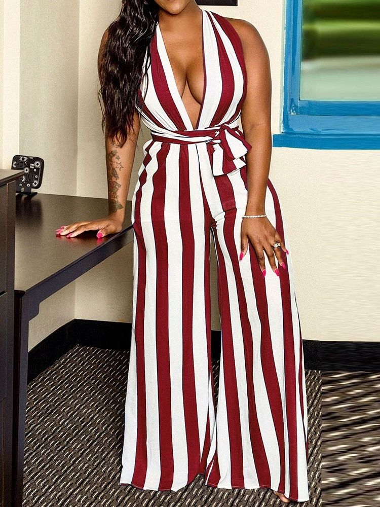 Stripe Sexig Hellängd Lösa Breda Ben Jumpsuit