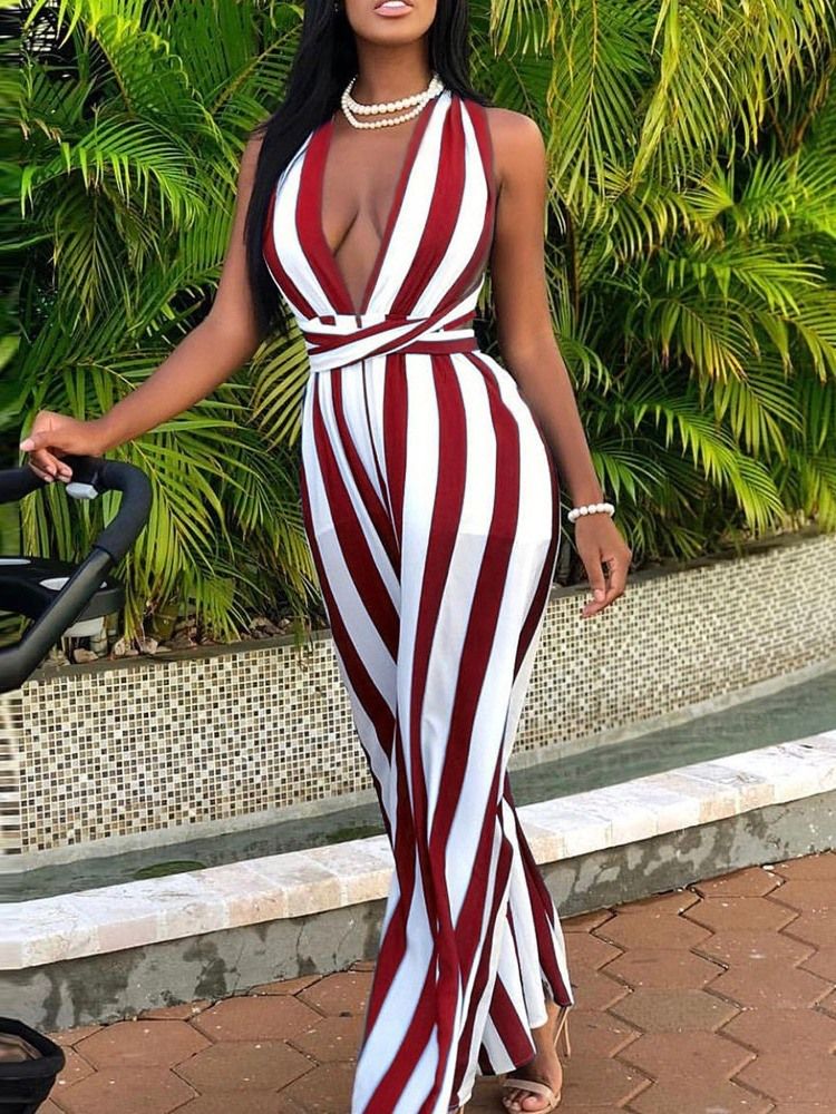 Stripe Sexig Hellängd Lösa Breda Ben Jumpsuit