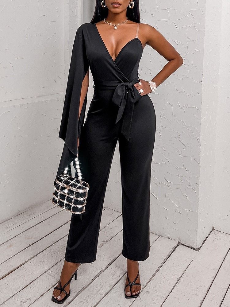 Svart Bourgogne Blå Asymmetrisk Full Längd Vanlig Slim High Waist Jumpsuit