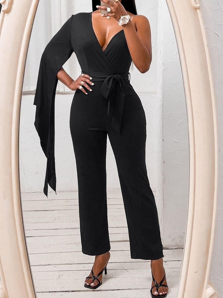 Svart Bourgogne Blå Asymmetrisk Full Längd Vanlig Slim High Waist Jumpsuit