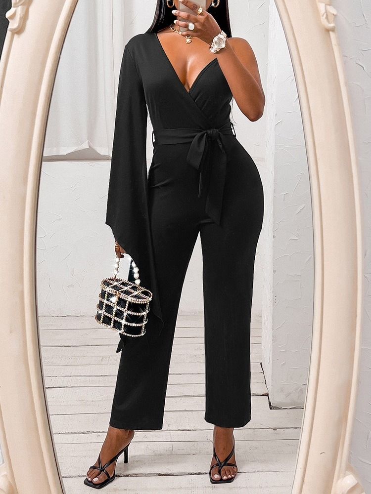 Svart Bourgogne Blå Asymmetrisk Full Längd Vanlig Slim High Waist Jumpsuit