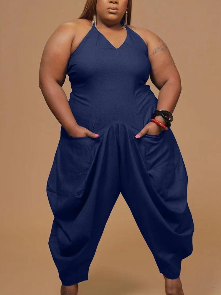 Vanlig Casual Pocket Lös Pencil Byxor Dam Jumpsuit