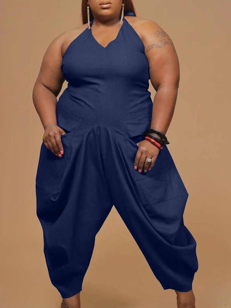 Vanlig Casual Pocket Lös Pencil Byxor Dam Jumpsuit