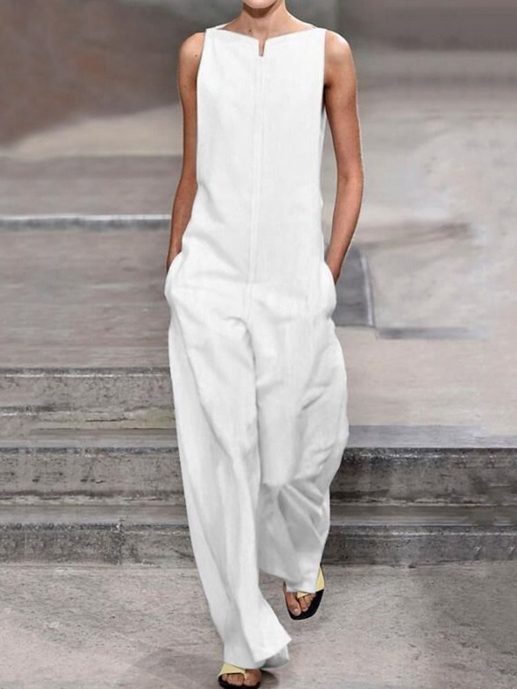 Vanlig Casual Pocket Lös Rak Jumpsuit