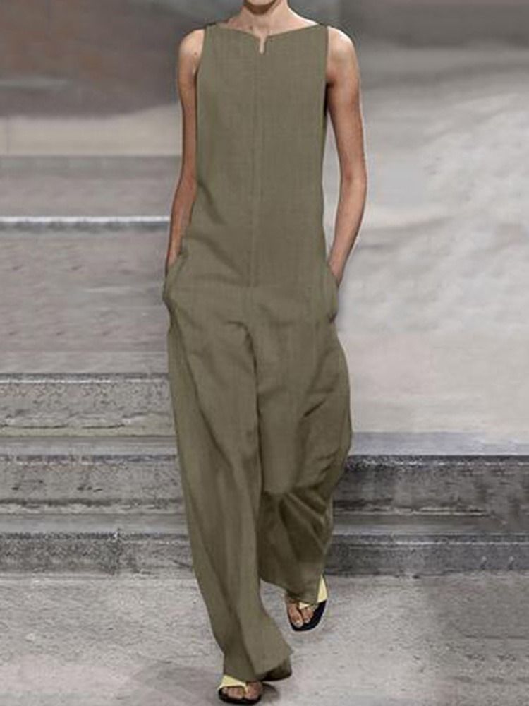 Vanlig Casual Pocket Lös Rak Jumpsuit