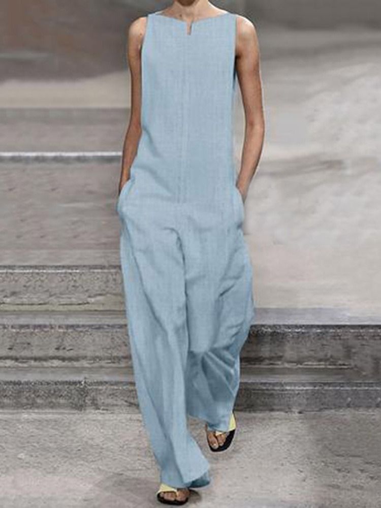 Vanlig Casual Pocket Lös Rak Jumpsuit