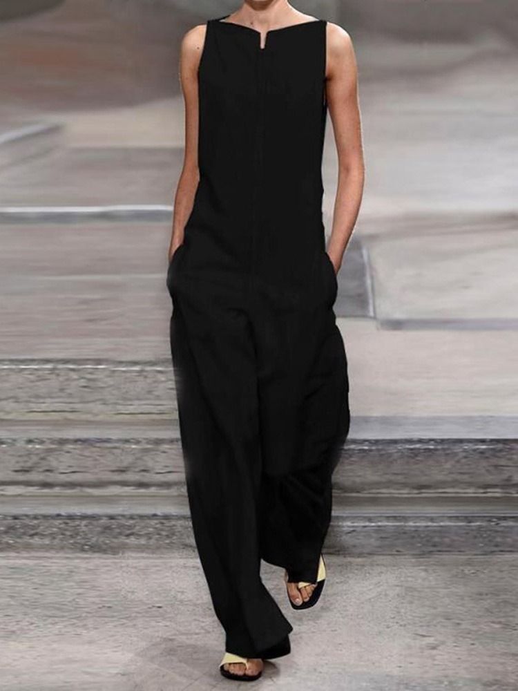 Vanlig Casual Pocket Lös Rak Jumpsuit