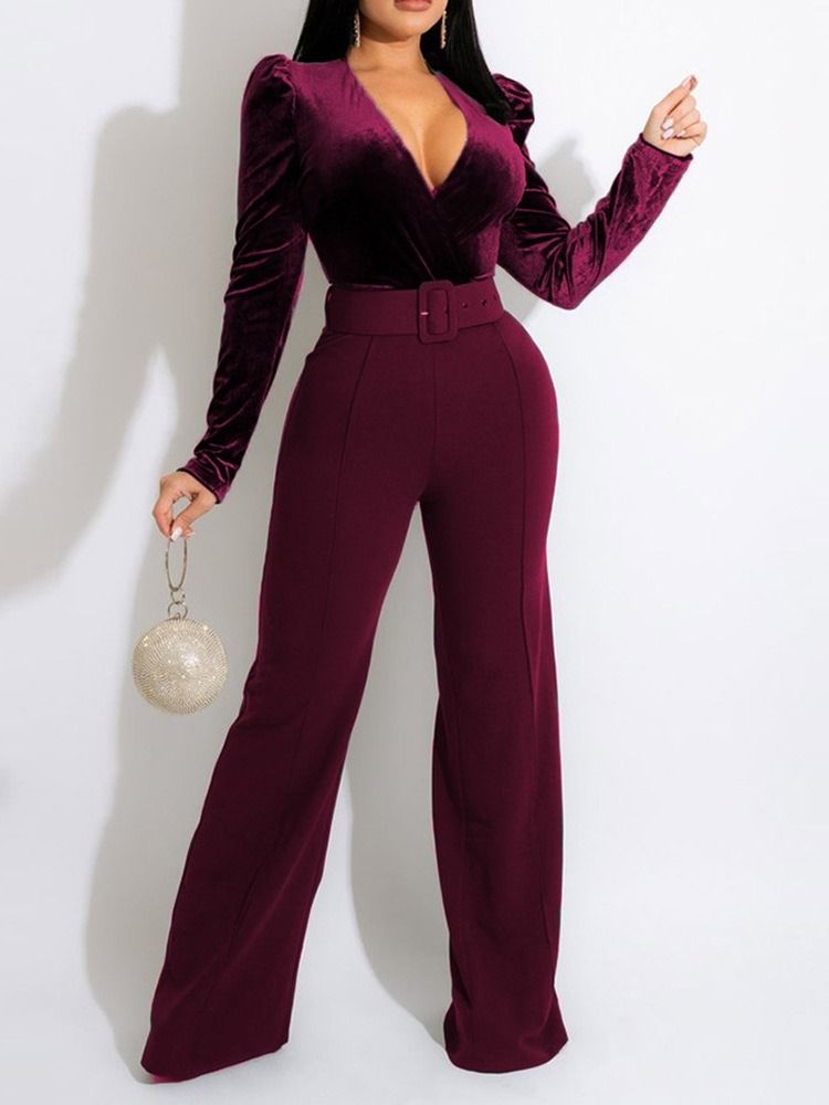 Vanlig Fullängd Office Lady Rak Slim Belted Jumpsuit
