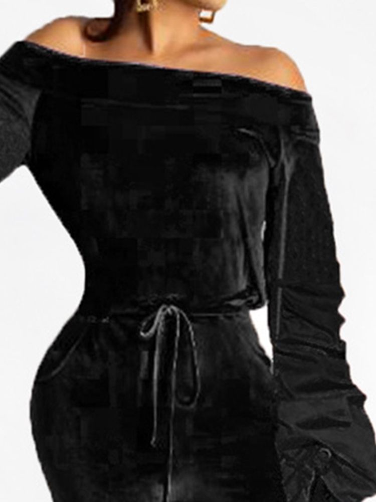 Vanlig Off Shoulder Full Längd Casual Slim Hög Midja Jumpsuit