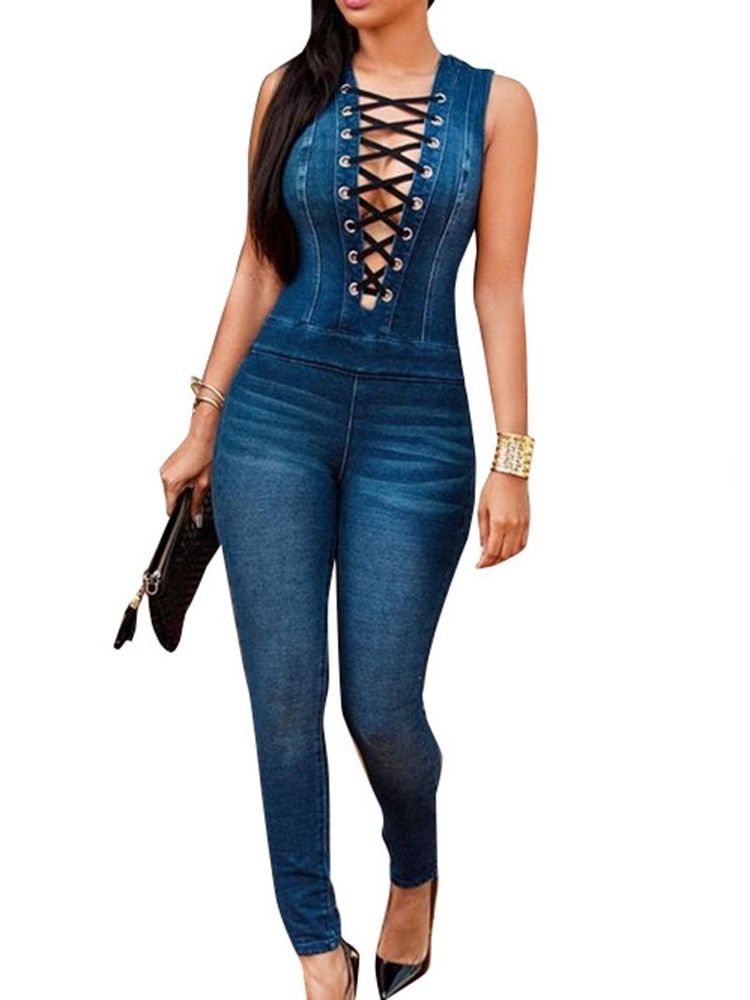 Vanlig Skinny Sexig Denim Jumpsuit