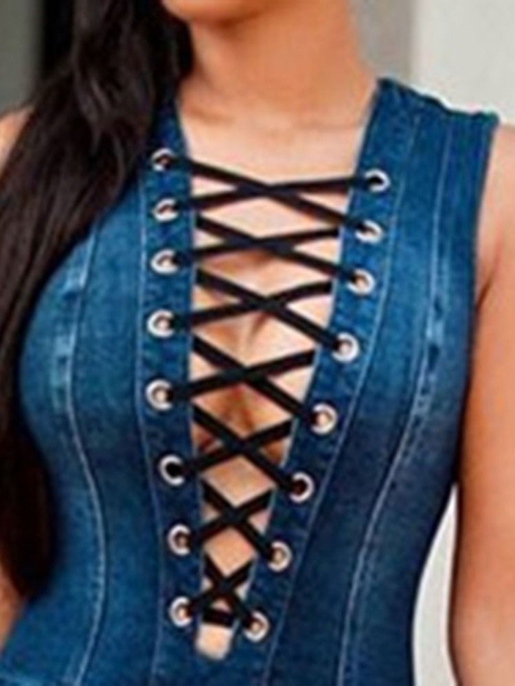 Vanlig Skinny Sexig Denim Jumpsuit