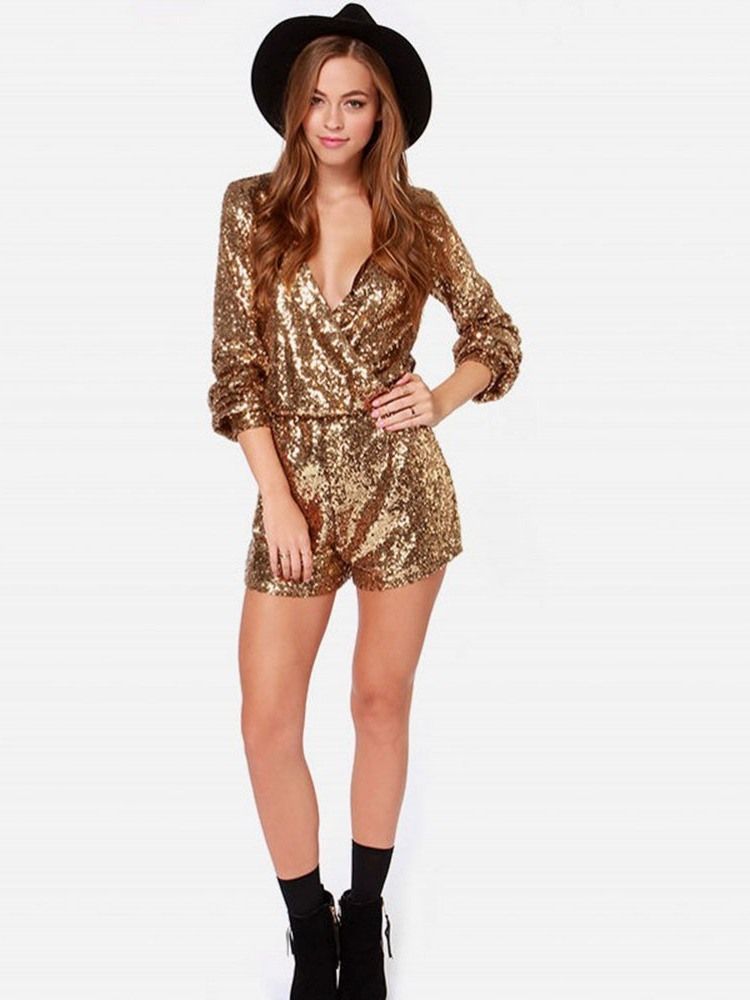 Vanliga Paljetter Shorts Slim Rak Dam Romper