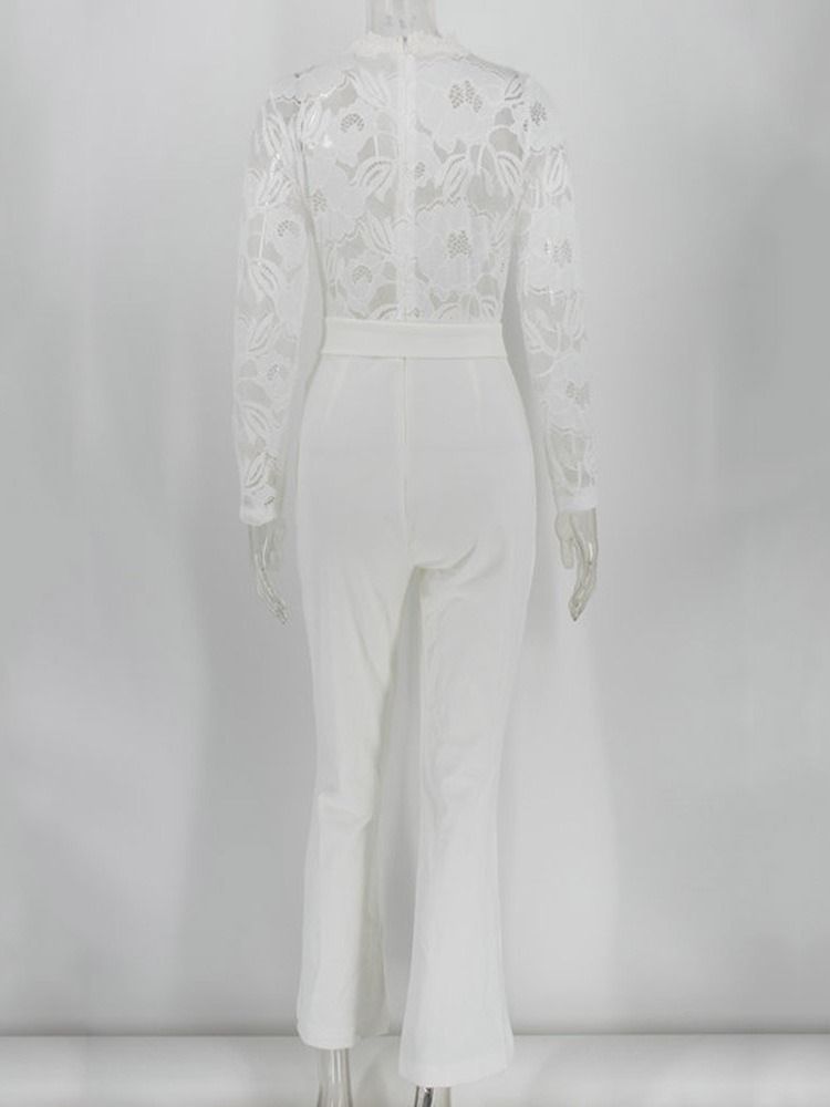 Vit Spets Full Längd Patchwork Office Lady Rak Slim Jumpsuit