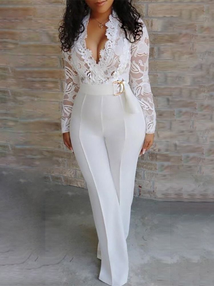Vit Spets Full Längd Patchwork Office Lady Rak Slim Jumpsuit