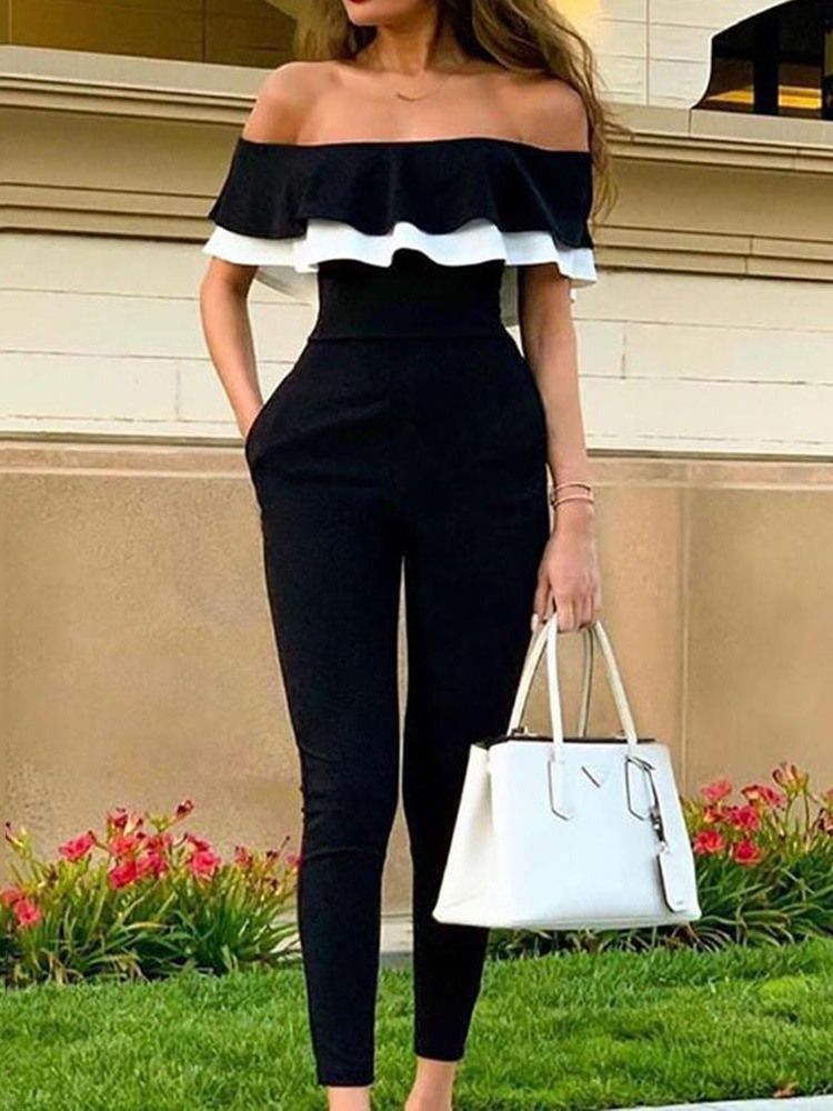 Volanger Color Block Off Shoulder Slim Jumpsuit