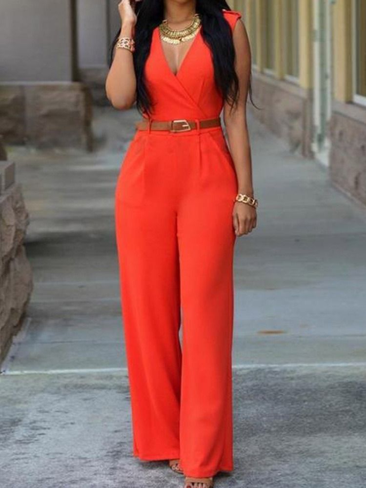 Western Full Längd Plain Slim Straight Jumpsuit