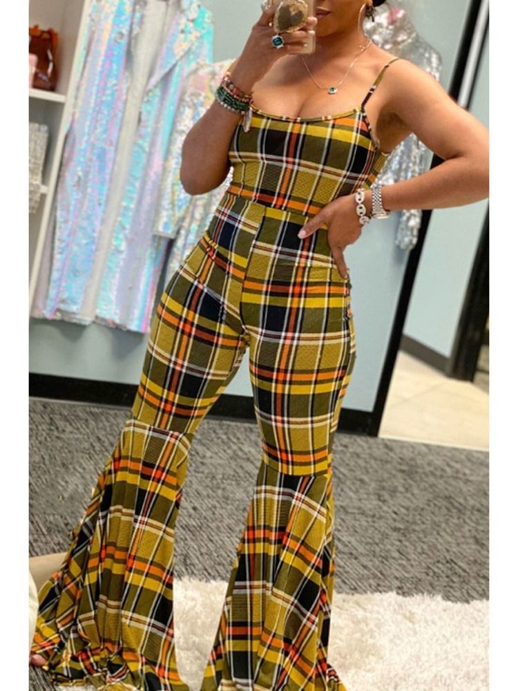 Western Patchwork Pläd Med Hög Midja Bellbottoms Jumpsuit För Kvinnor