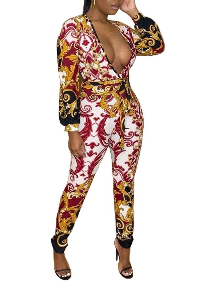 Western Print Full Längd Mid Waist Skinny Jumpsuit För Kvinnor