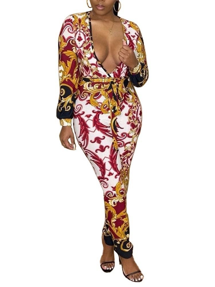 Western Print Full Längd Mid Waist Skinny Jumpsuit För Kvinnor