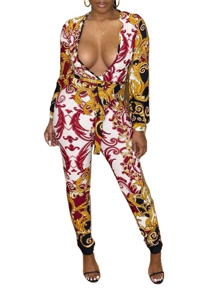 Western Print Full Längd Mid Waist Skinny Jumpsuit För Kvinnor