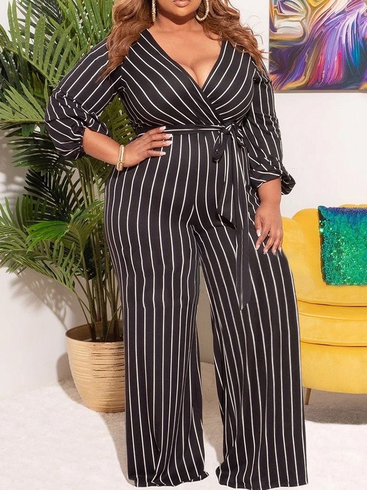 Western Stripe Print Rak High Waist Jumpsuit I Plusstorlek