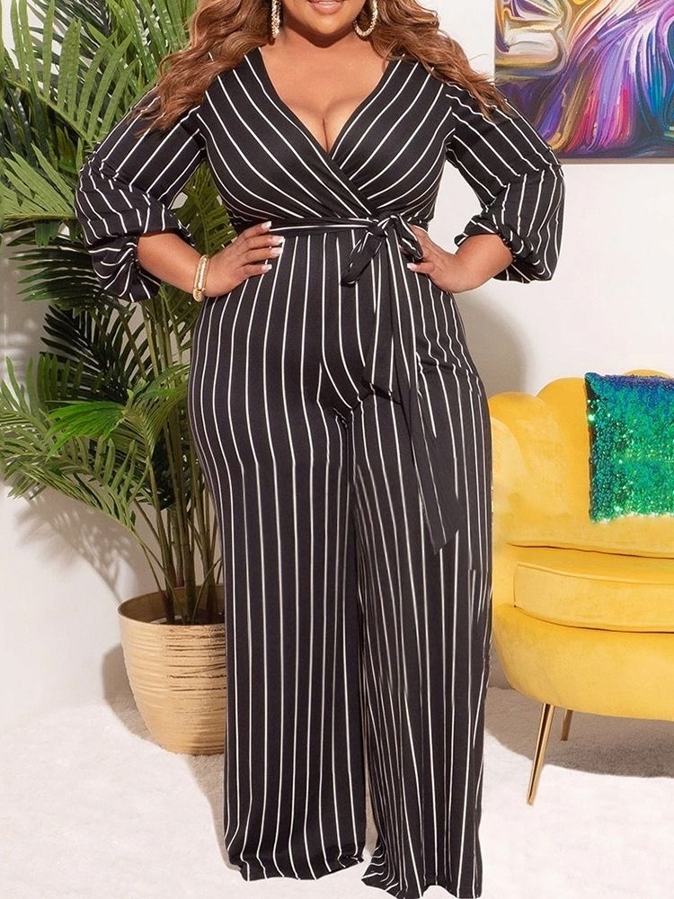 Western Stripe Print Rak High Waist Jumpsuit I Plusstorlek