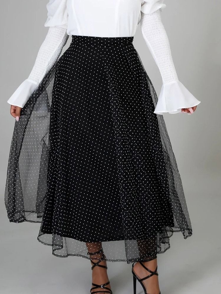 Polka Dots Mesh A-Line Mid Waist Damkjol