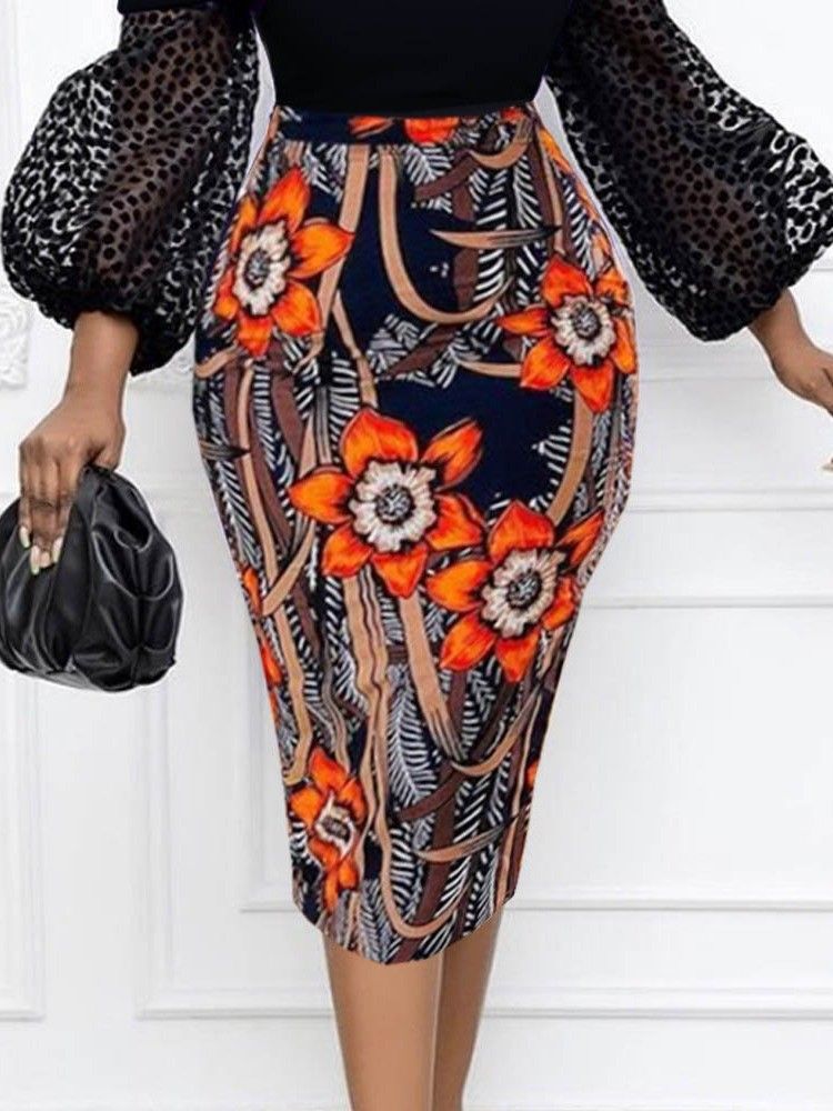 Print Mid-Calf Bodycon Fashion Blommig Kjol
