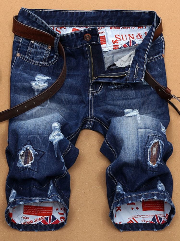 Holes Denim Slim Shorts För Män