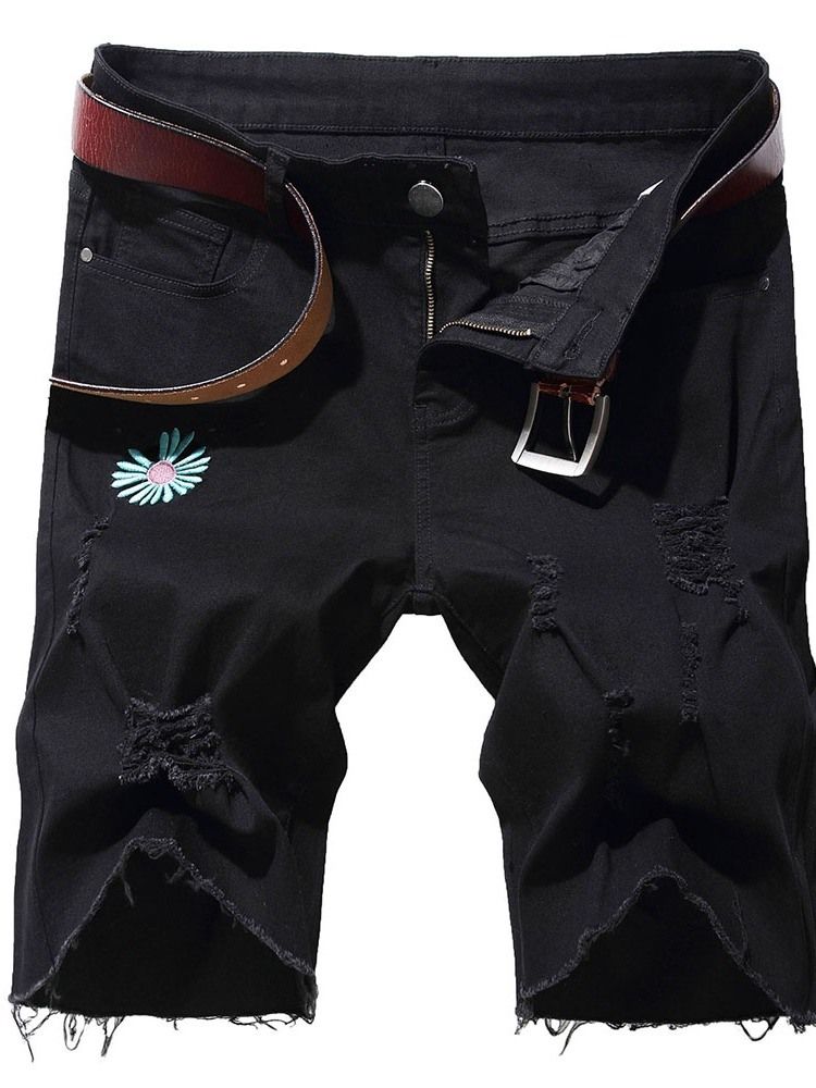 Rak Broderi Blommig Midja Blixtlås Jeansshorts För Män