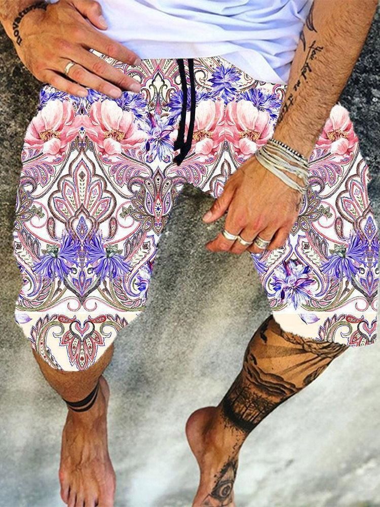 Rakblommiga Strandshorts För Män Med Snörning
