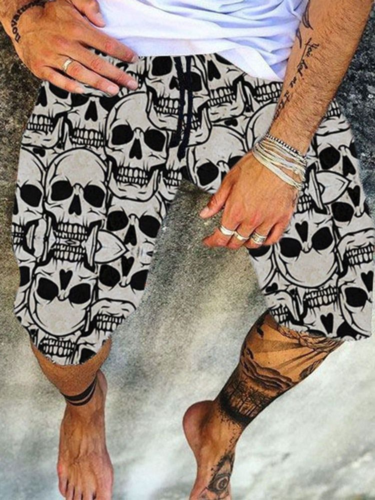 Skull Print Casual Lace-Up Herr Casual Byxor