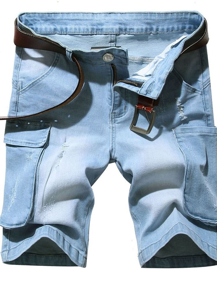 Slitna Jeansshorts För Män Med Dragkedja I Mitten Av Midjan