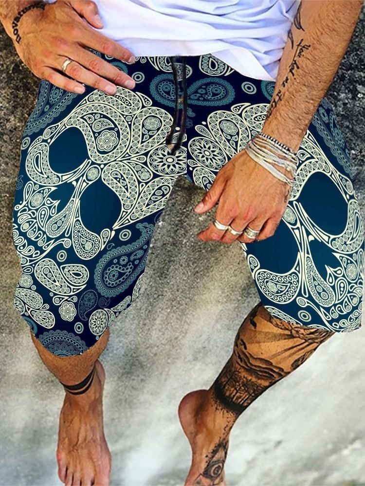 Tryck Lös Skalle Mid Waist Snörshorts För Män