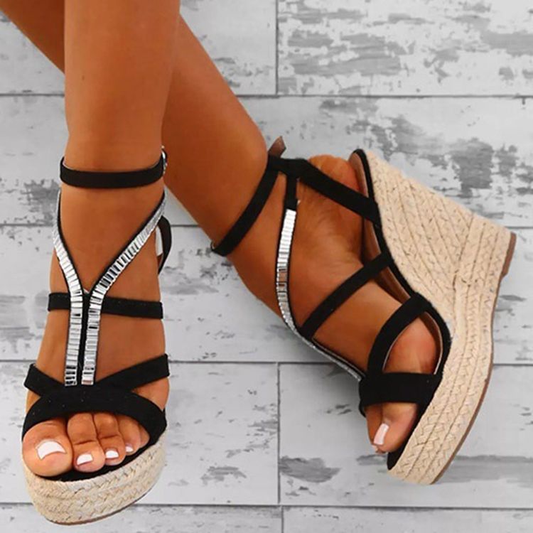 Rhinestone Woven Platform Strappy Kilklack Espadrillesandaler