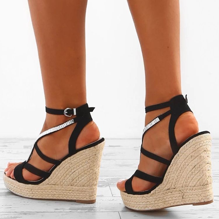 Rhinestone Woven Platform Strappy Kilklack Espadrillesandaler