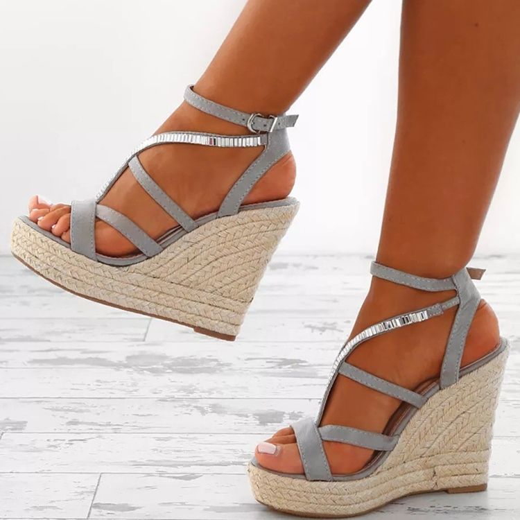 Rhinestone Woven Platform Strappy Kilklack Espadrillesandaler
