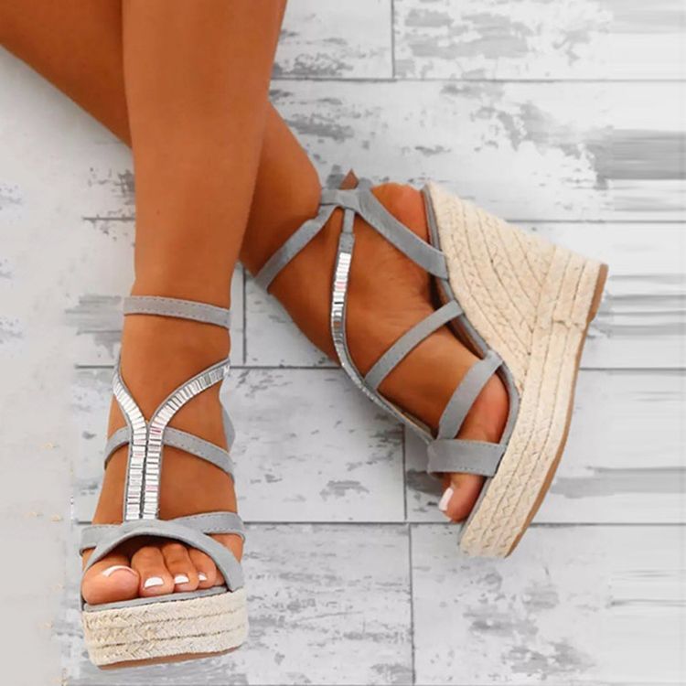 Rhinestone Woven Platform Strappy Kilklack Espadrillesandaler