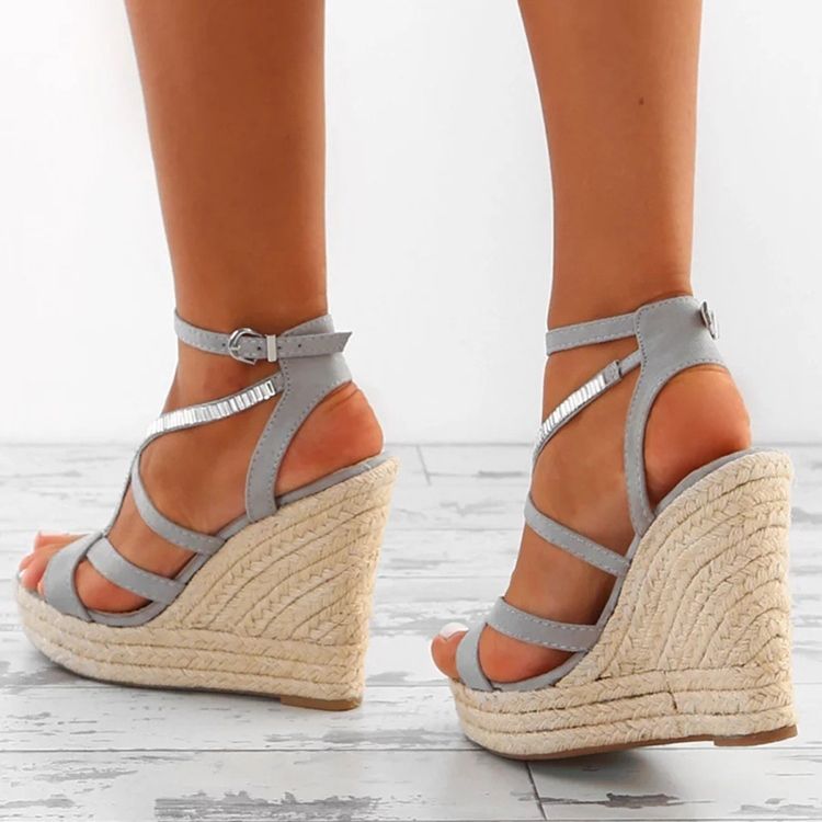 Rhinestone Woven Platform Strappy Kilklack Espadrillesandaler