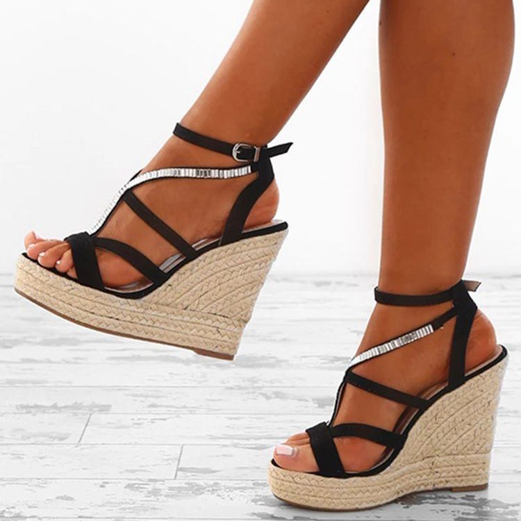 Rhinestone Woven Platform Strappy Kilklack Espadrillesandaler