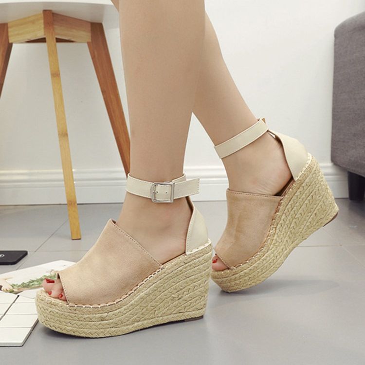 Spänne Peep Toe Platform Espadrille Wedge Sandaler