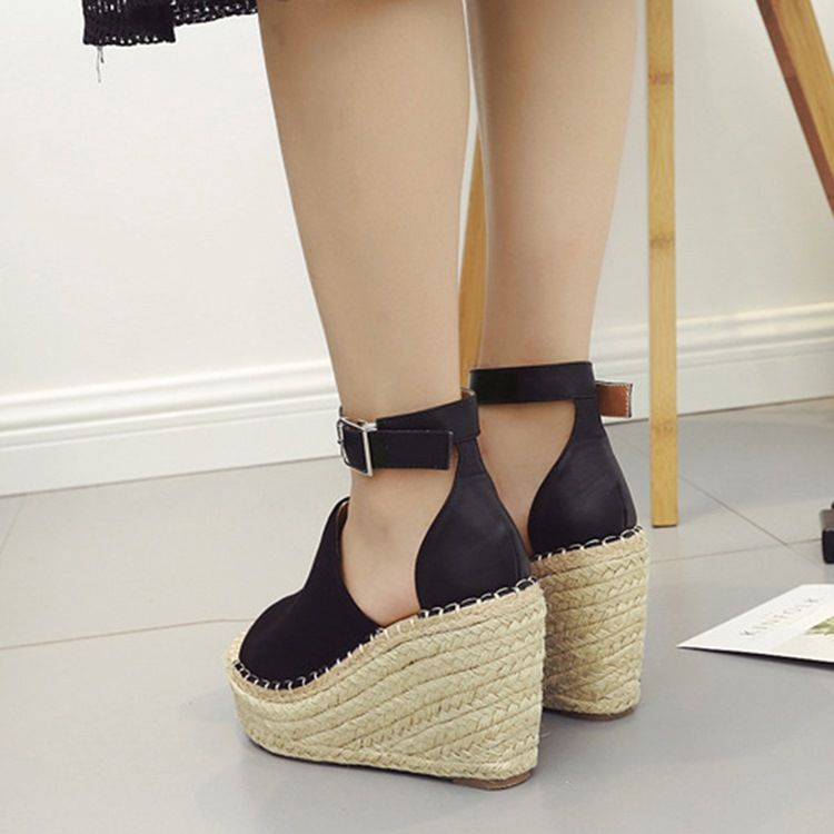 Spänne Peep Toe Platform Espadrille Wedge Sandaler