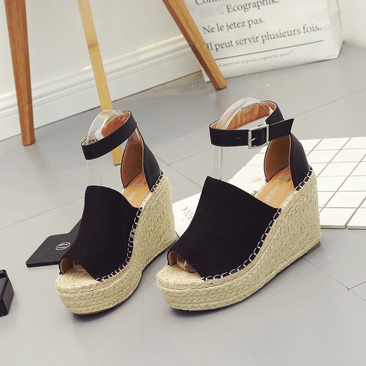 Spänne Peep Toe Platform Espadrille Wedge Sandaler